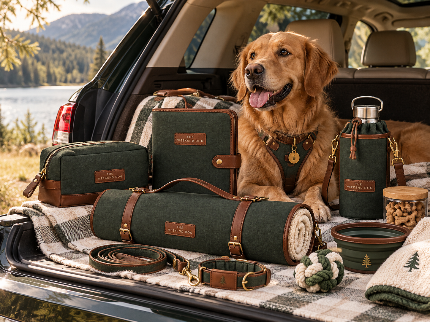 The Harbor Hound Weekend Dog Set packed for a weekend away.
